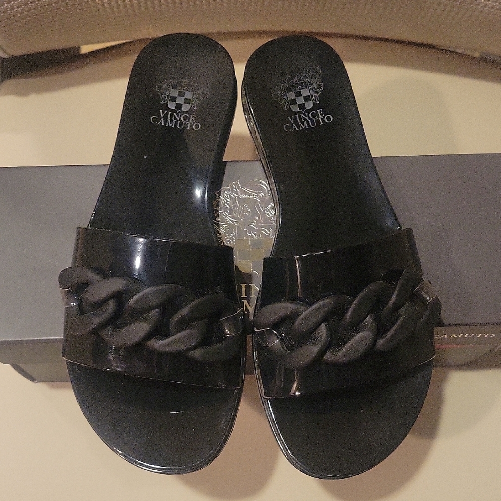 Vince Camuto Glossy Black Chain Slide Sandals